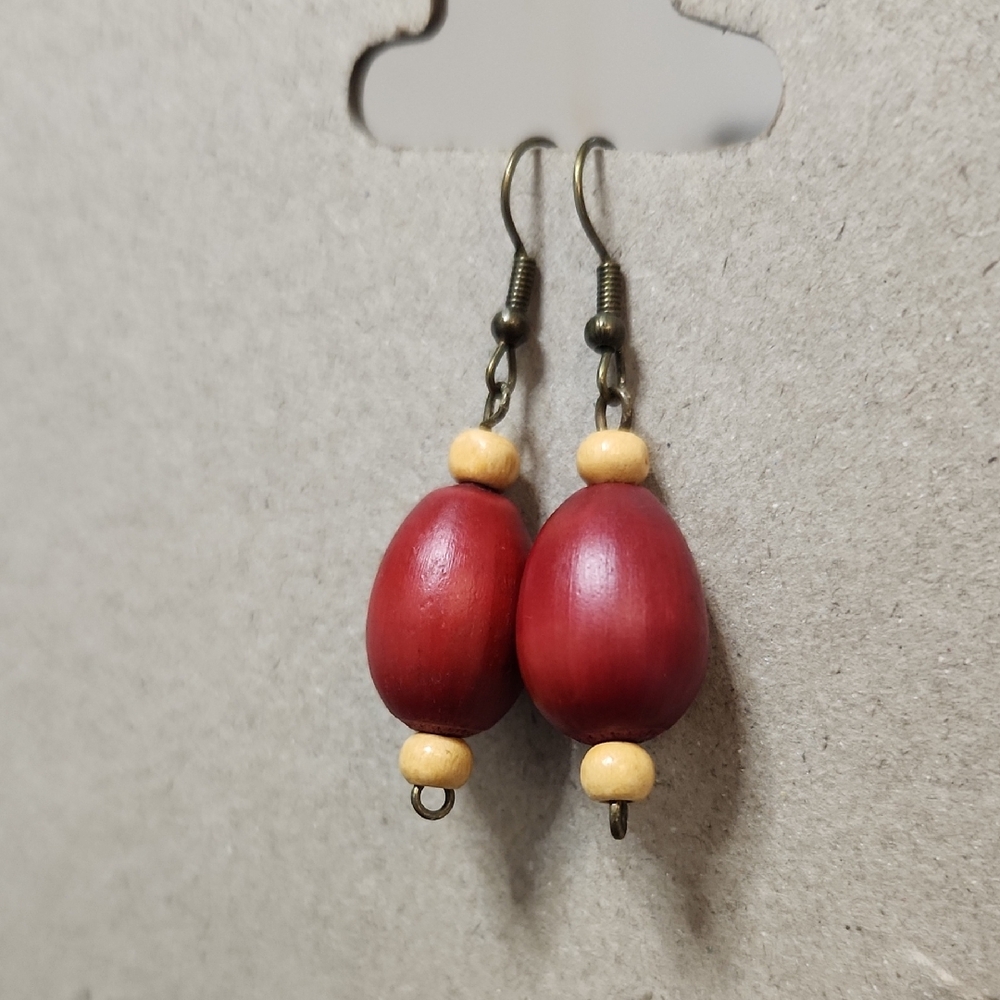 Bronze Hook Red Acorn Seed and Wood Cream Bead Dangle Earrings Handmade Artisan